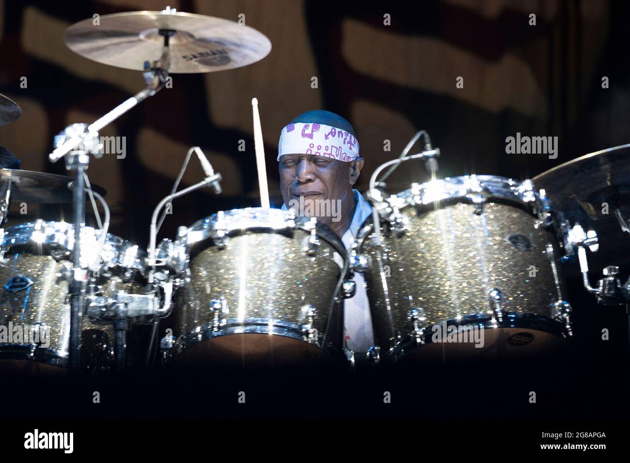Madrid, Spagna. 18 luglio 2021. Il batterista americano Billy Cobham della Billy Cobham Band si esibisce dal vivo durante il festival musicale 'Noches del Botanico' di Madrid. (Foto di Atilano Garcia/SOPA Images/Sipa USA) Credit: Sipa USA/Alamy Live News Foto Stock