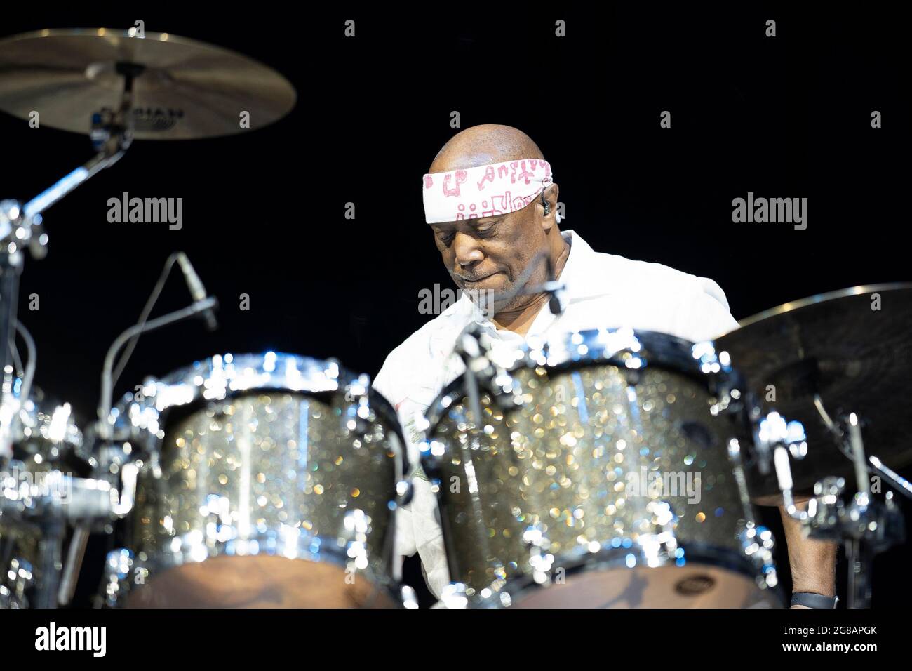 Madrid, Spagna. 18 luglio 2021. Il batterista americano Billy Cobham della Billy Cobham Band si esibisce dal vivo durante il festival musicale 'Noches del Botanico' di Madrid. (Foto di Atilano Garcia/SOPA Images/Sipa USA) Credit: Sipa USA/Alamy Live News Foto Stock