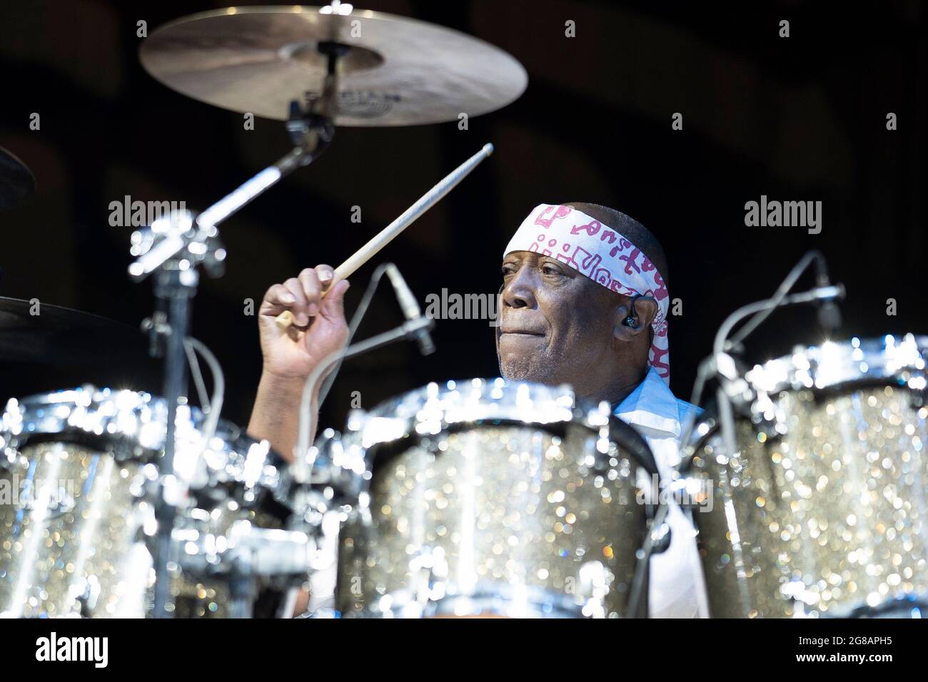 Madrid, Spagna. 18 luglio 2021. Il batterista americano Billy Cobham della Billy Cobham Band si esibisce dal vivo durante il festival musicale 'Noches del Botanico' di Madrid. (Foto di Atilano Garcia/SOPA Images/Sipa USA) Credit: Sipa USA/Alamy Live News Foto Stock