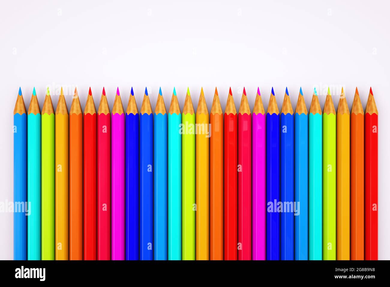 Grafica 3D, matite colorate. Set di matite colorate su sfondo bianco. . Primo piano Foto Stock