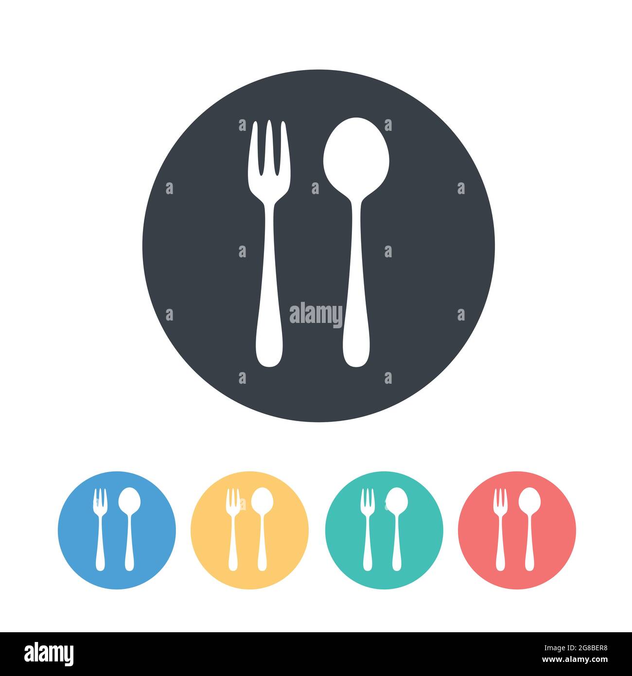 Logo astratto di un bar o un ristorante. Un cucchiaio e forchetta su una piastra. Un semplice profilo. Illustrazione Vettoriale