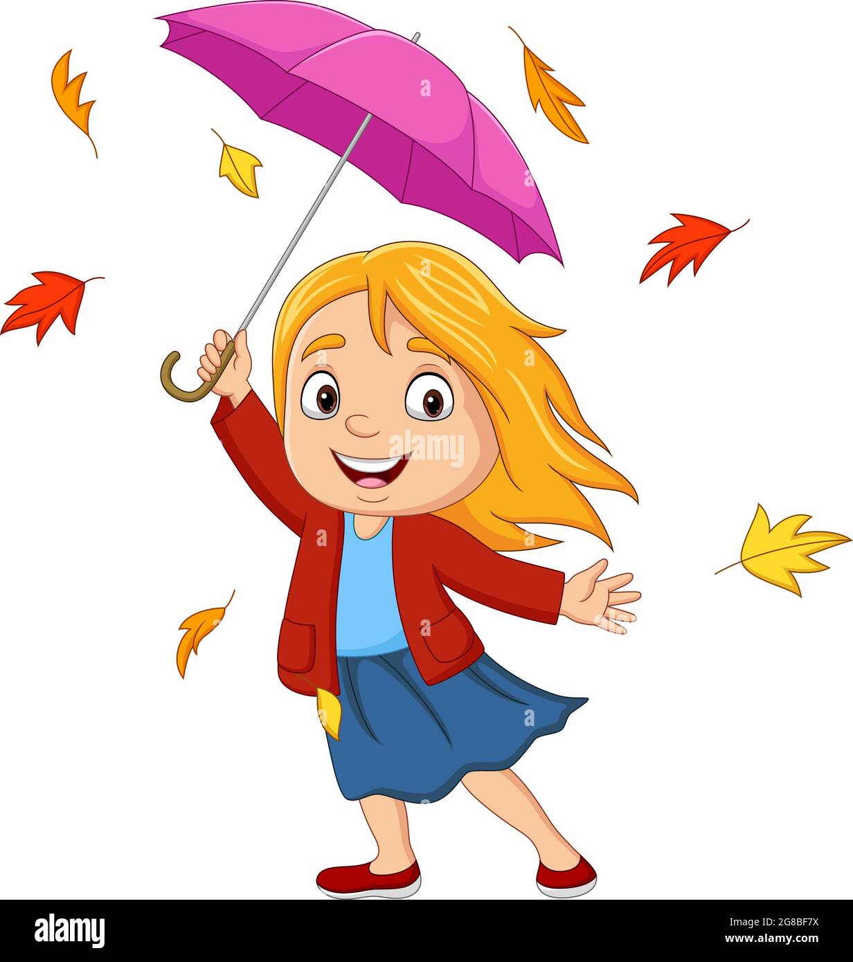 Cartoon bambina con ombrello e foglie d'autunno Immagine e Vettoriale -  Alamy