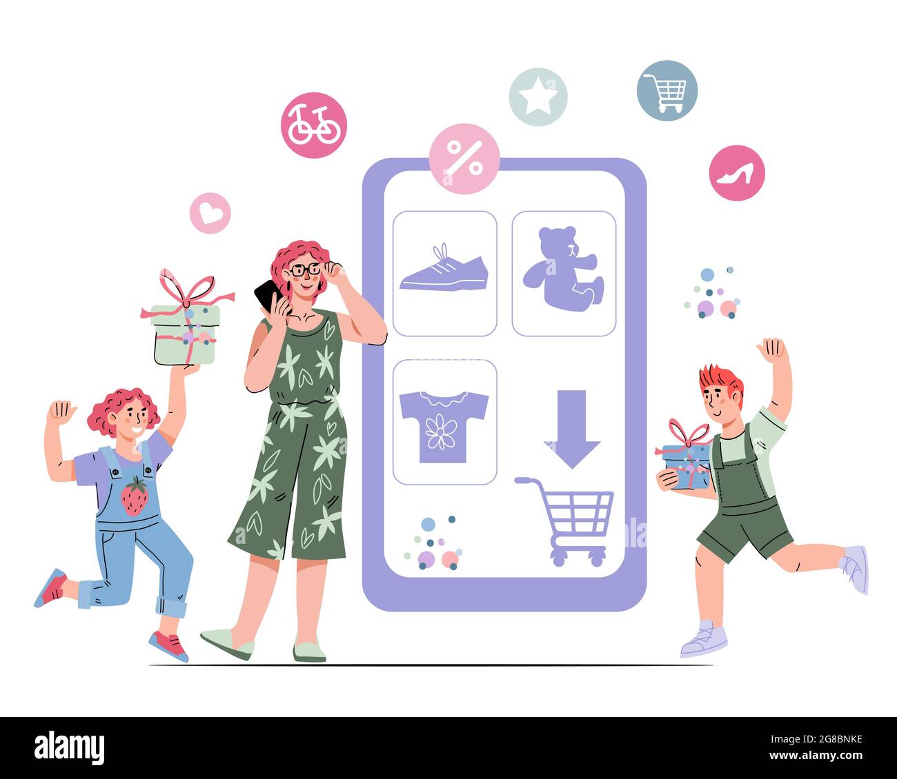 Happy Family acquistare le cose online, cartoon piatto vettore illustrazione isolato su sfondo bianco. Shopping online ed e-commerce, consumismo. In linea s Illustrazione Vettoriale