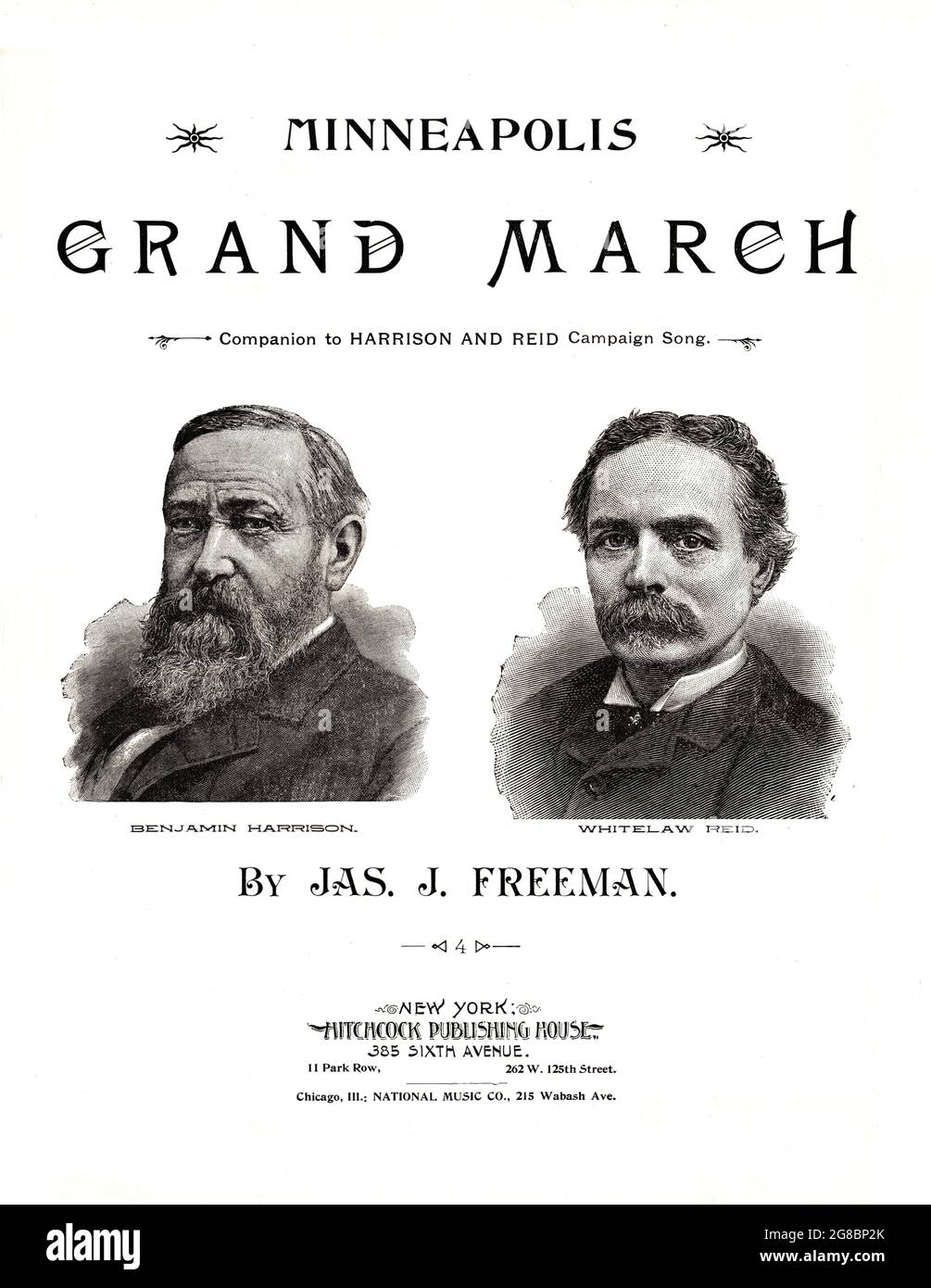 Minneapolis Grand March, 1892 campagna elettorale presidenziale partiture per i repubblicani Benjamin Harrison e Whitelaw Reed con ritratti. Foto Stock