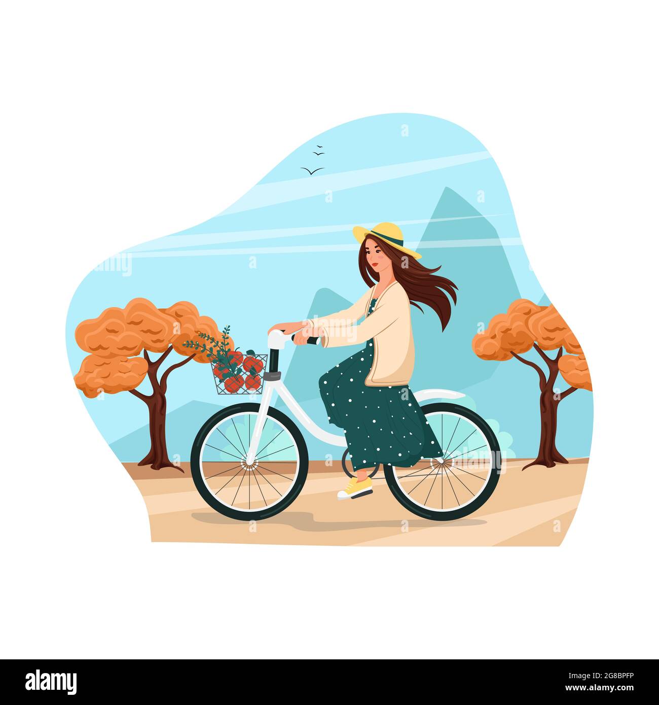 La ragazza in un cappello e vestito cavalcano una bicicletta, paesaggio autunnale. Donna in bicicletta porta le mele in un cesto. Illustrazione vettoriale in stile cartoon. Piatto Illustrazione Vettoriale