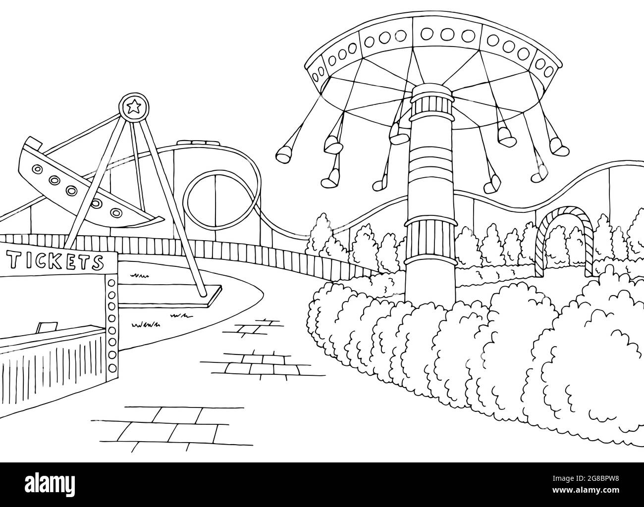 Parco di divertimento paesaggio grafico bianco nero illustrazione del disegno vettore Illustrazione Vettoriale