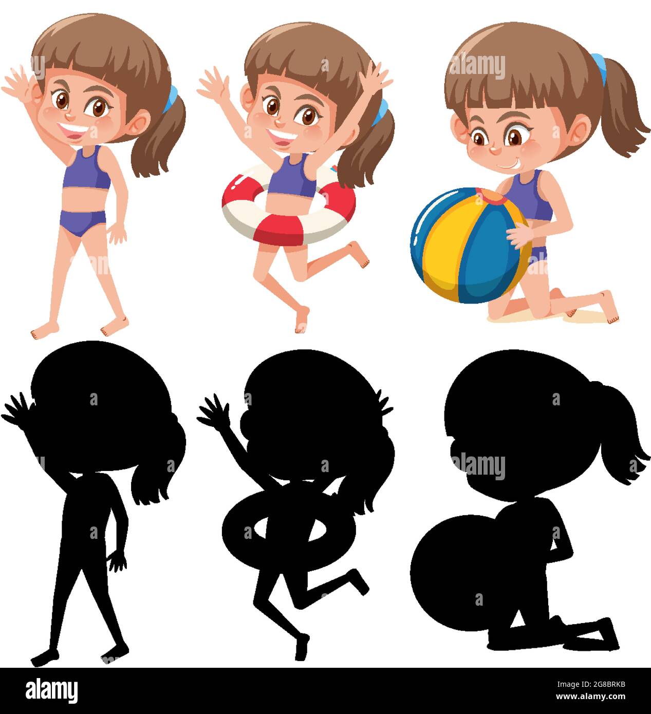 Insieme di un personaggio cartoon ragazza in diverse posizioni con la sua figura di silhouette Illustrazione Vettoriale