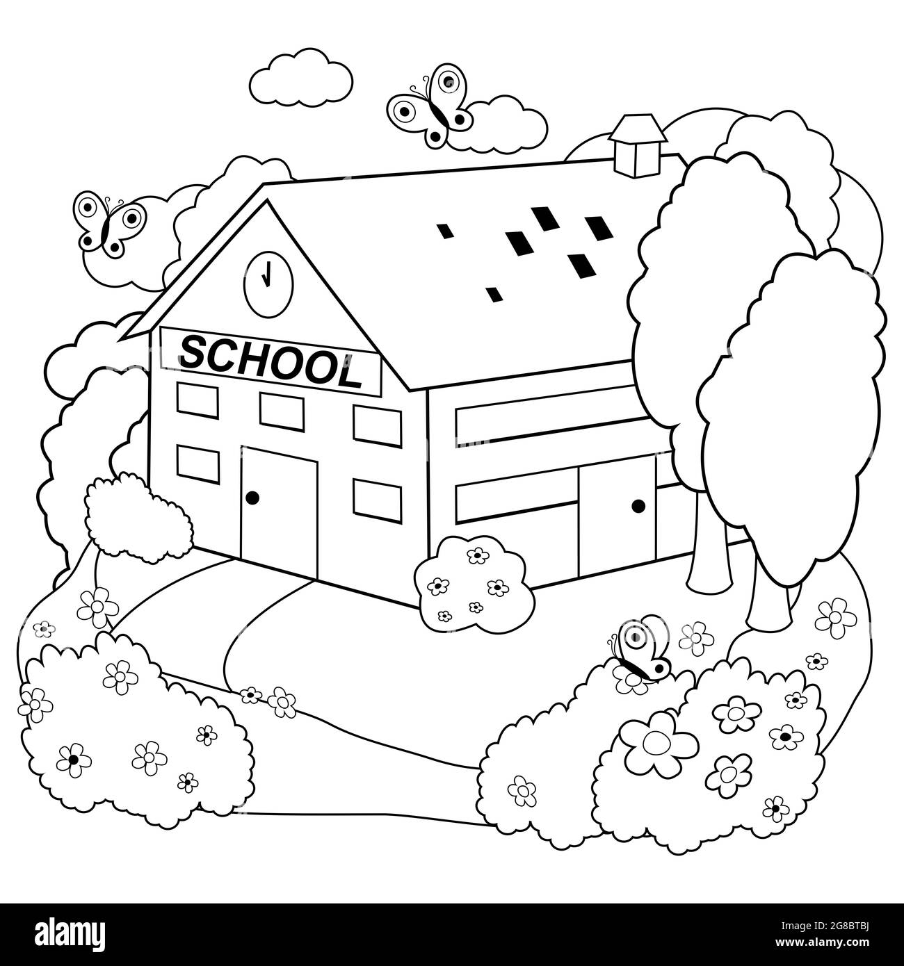 Edificio scolastico. Pagina da colorare in bianco e nero Foto Stock