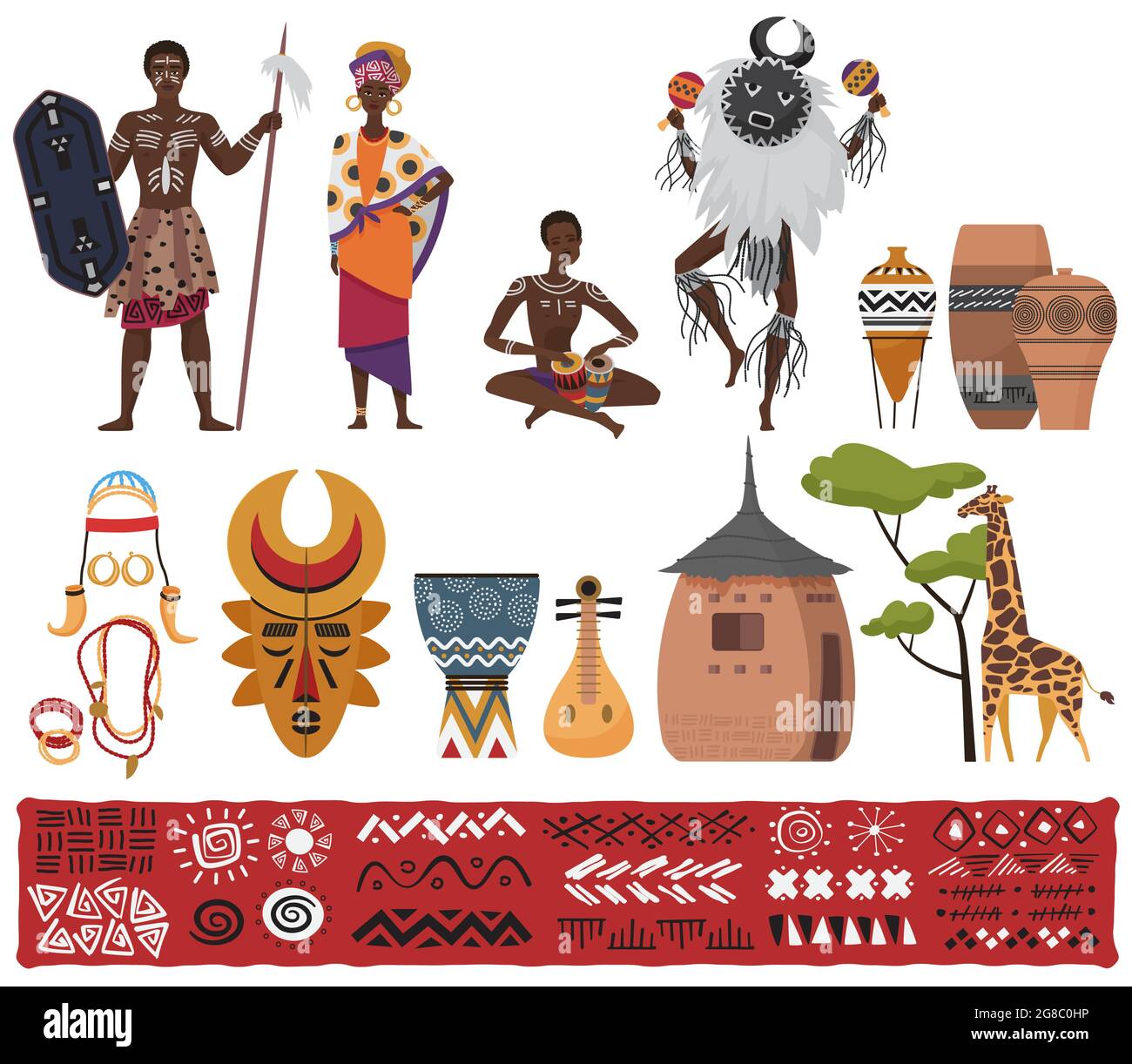 Tribù etniche africane, cultura degli elementi tribali, viaggi in Sud Africa set illustrazione vettoriale. Cartoon nativo africano modello, personaggi in costume tradizionale vestito, totem isolato su bianco Illustrazione Vettoriale