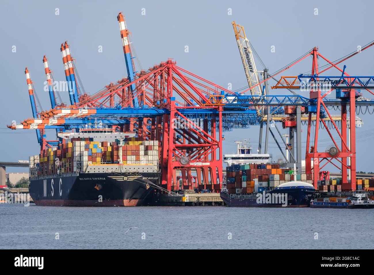 Amburgo, Germania - navi portacontainer nel porto di Amburgo, la nave portacontainer MSC Maria Saveria della compagnia di navigazione MSC è ormeggiata al contenitore ter Foto Stock