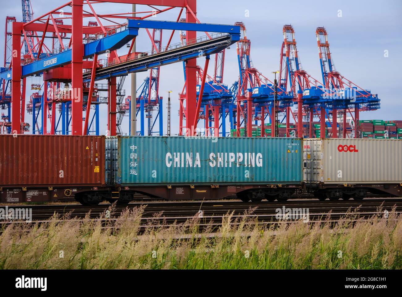 Amburgo, Germania - Cina trasporto di container marittimi sul treno merci nel porto di Amburgo di fronte alle gru portuali presso il terminal dei container Eurogate. C Foto Stock