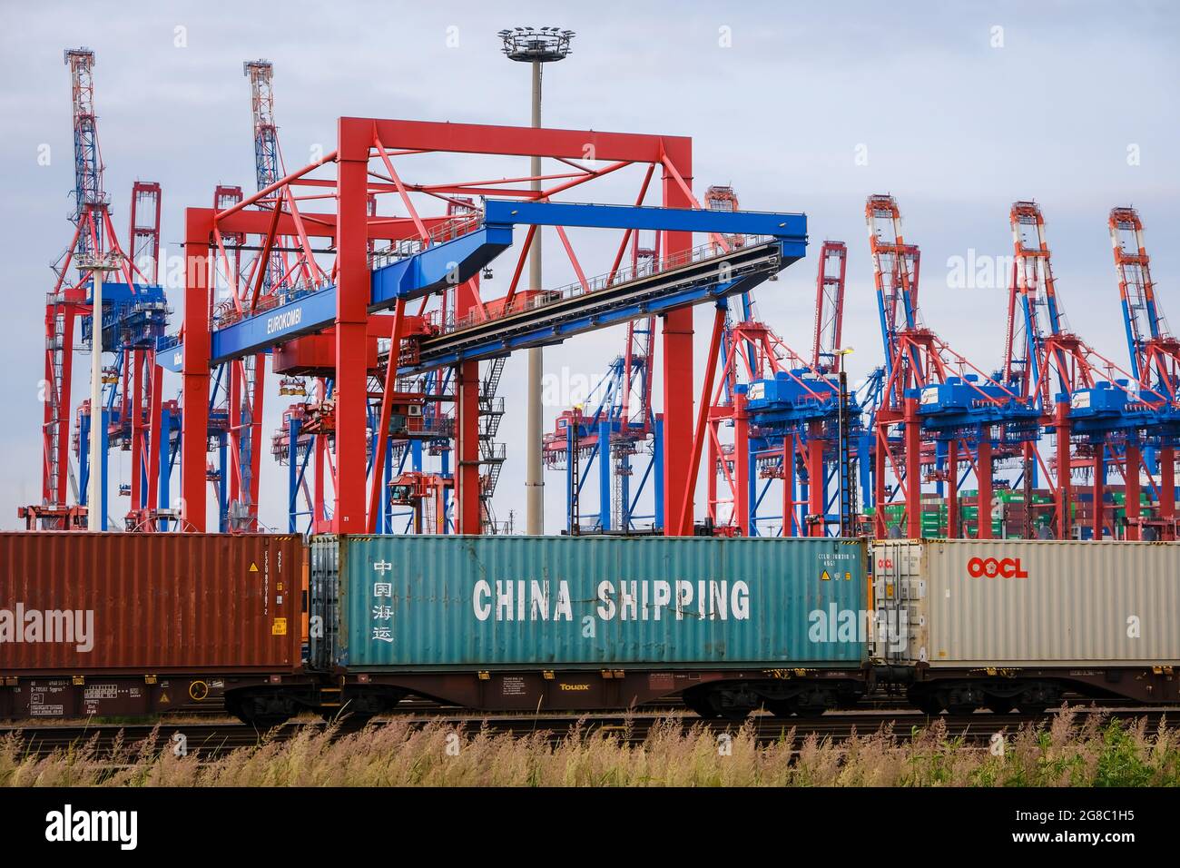 Amburgo, Germania - Cina trasporto di container marittimi sul treno merci nel porto di Amburgo di fronte alle gru portuali presso il terminal dei container Eurogate. C Foto Stock