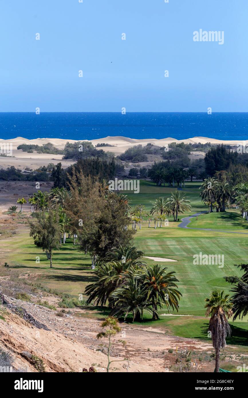 Campo da golf a Maspalomas, Gran Canaria con le dune di sabbia sullo sfondo  Foto stock - Alamy