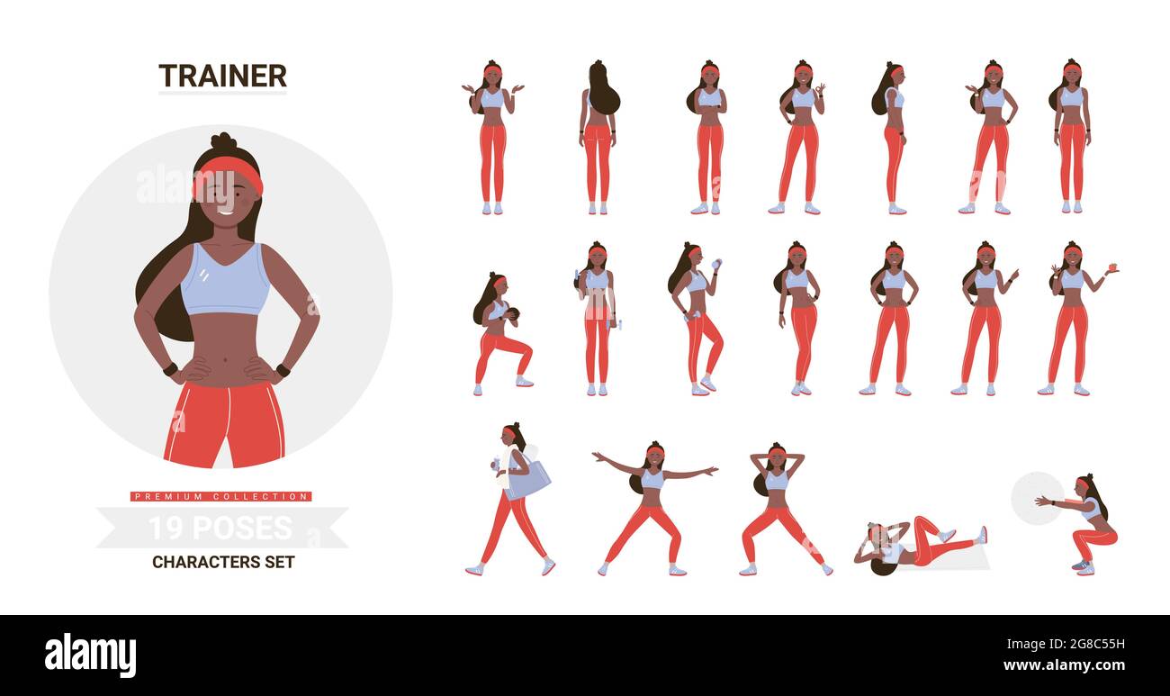 African american donna addestratore nero di idoneità pone in serie di illustrazione del vettore di workout. Cartoon biondo personaggio posa, allenamento, ginnastica sportiva in palestra con palla, manubri isolati Illustrazione Vettoriale