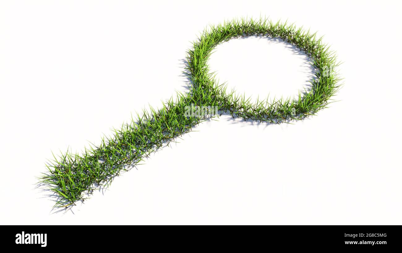 Concetto o concettuale verde estate prato erba forma simbolo isolato su sfondo bianco, segno di lente di ingrandimento. Foto Stock
