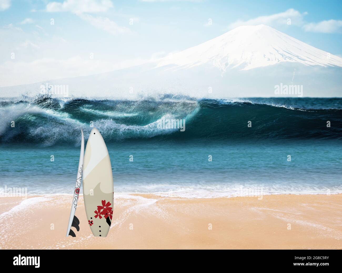 Tokyo con surf. Onda gigante con il Monte Fuji sullo sfondo. Tavole da surf nella sabbia sulla spiaggia. Foto Stock