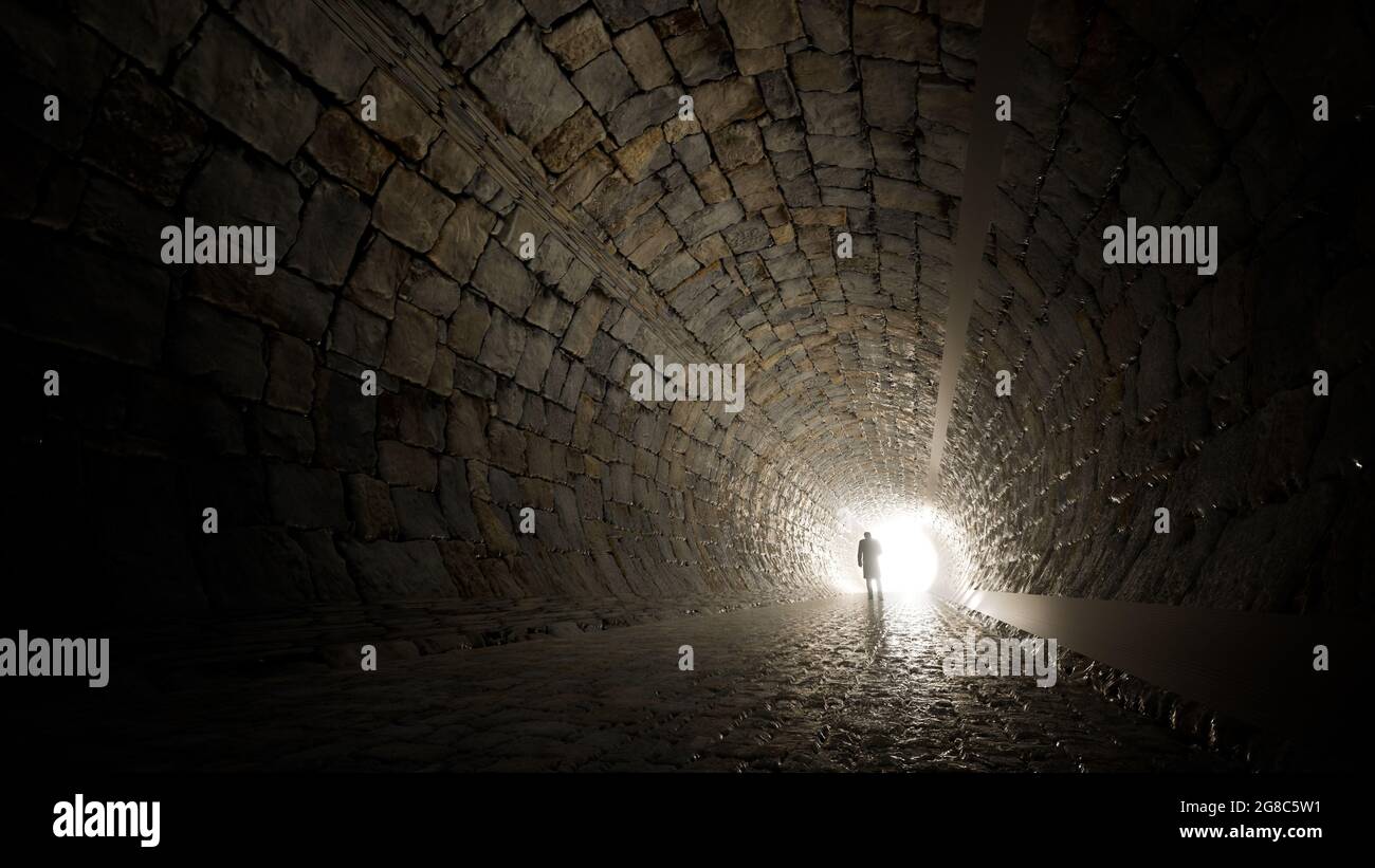 Concept o tunnel oscuro concettuale con una luce brillante alla fine o all'uscita come metafora del successo, della fede, del futuro o della speranza Foto Stock