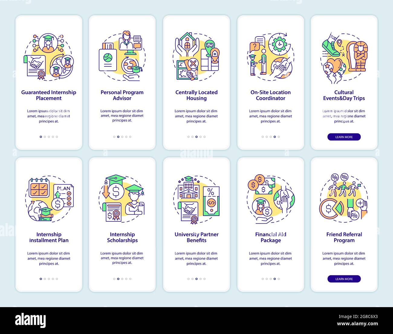 Programmi di internship onboarding mobile app page schermate impostate Illustrazione Vettoriale