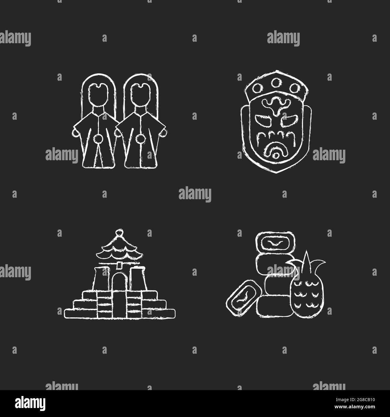 Icone lineari bianche cerimoniali asiatiche impostate per il tema scuro. Illustrazione Vettoriale