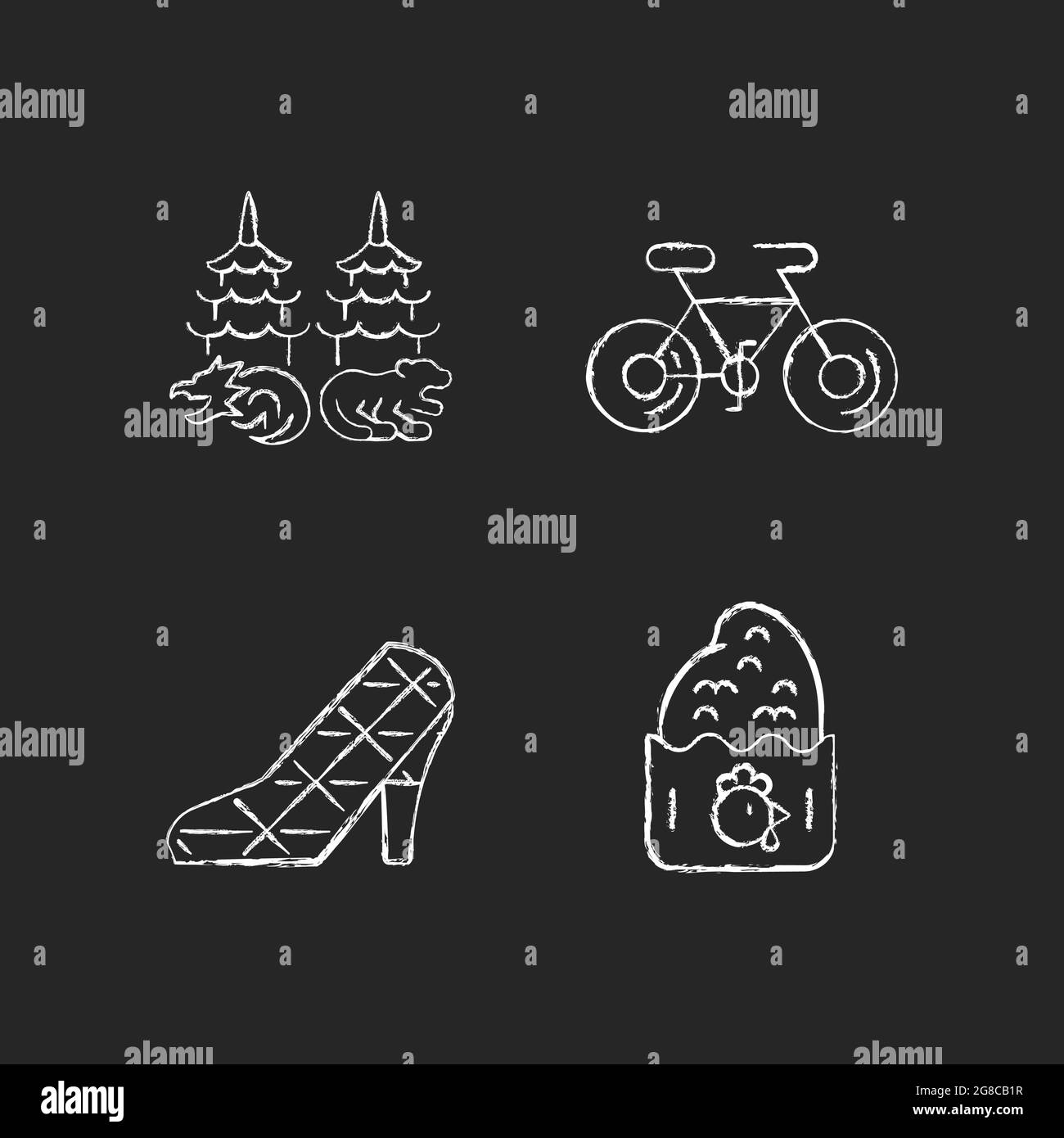 Icone bianche gesso asiatiche su sfondo scuro. Illustrazione Vettoriale