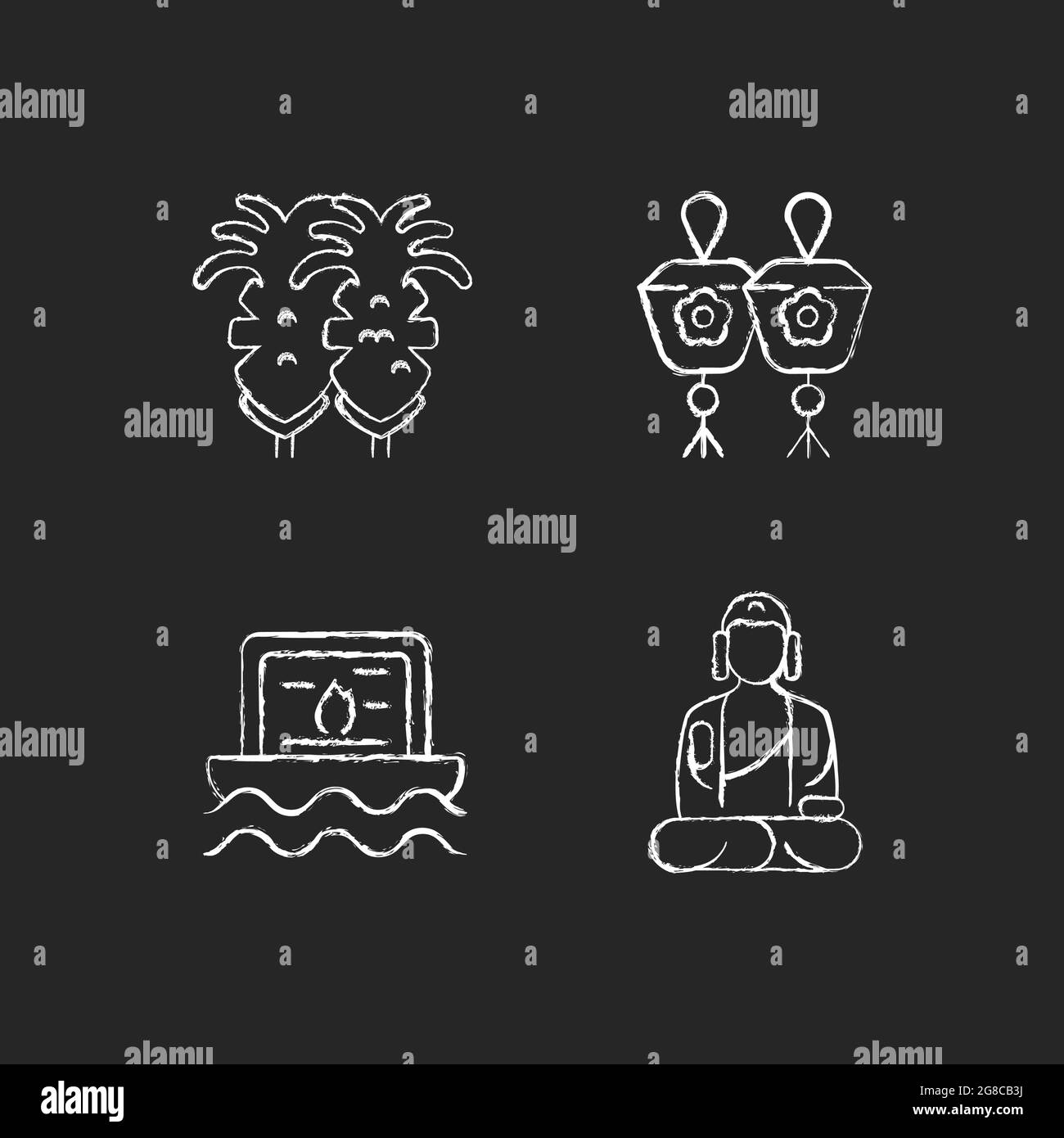 Cultura taiwanese icone bianche gesso su sfondo scuro. Illustrazione Vettoriale