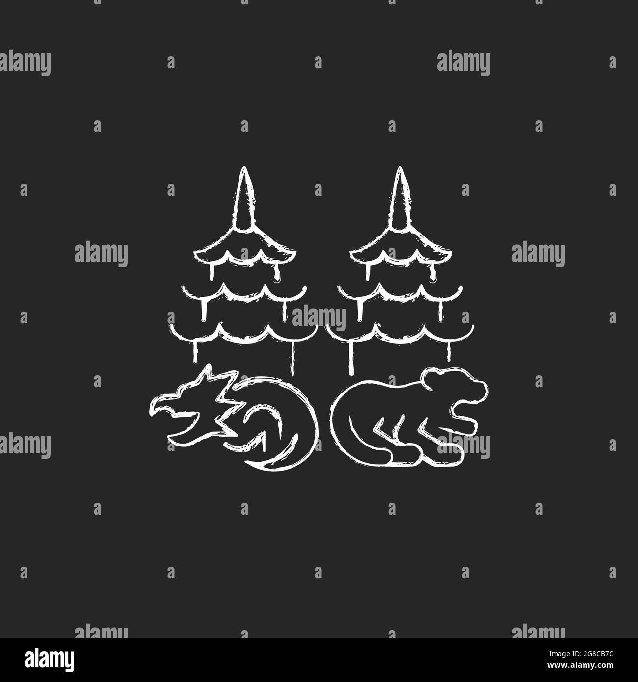 Dragon e tigre pagode gesso icona bianca su sfondo scuro. Illustrazione Vettoriale