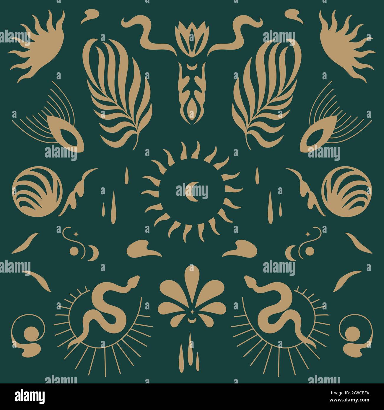 Grafica vettoriale icone lineari e emblemi - stile boho mistero. Modello Seamlee. Illustrazione Vettoriale