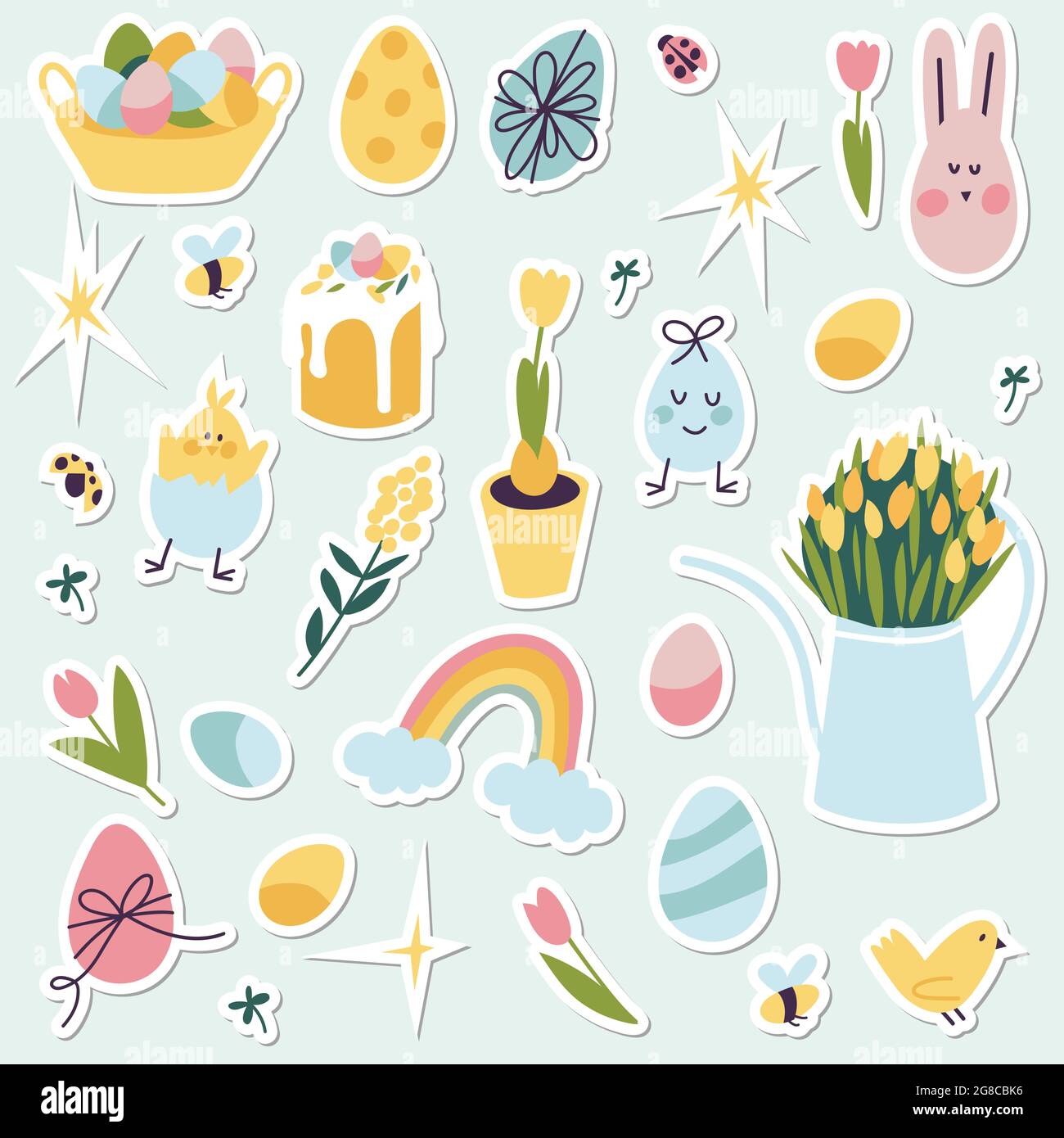 Colorati badge vettoriali patch con felice icona di Pasqua. Vettoriale lineare design Pasqua saluti elementi. Adesivi vettoriali, spille per vacanze primaverili. Illustrazione Vettoriale