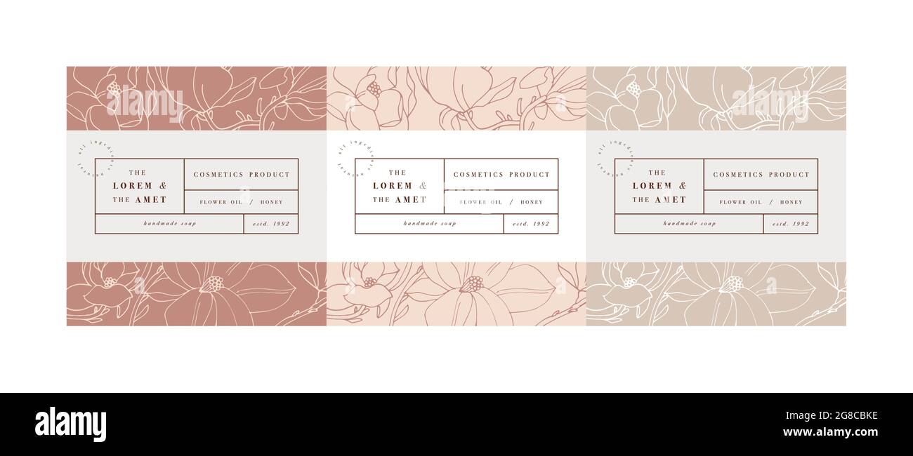 Kit di lattini vettoriali per cosmetici con disegno di modello di etichetta. Modelli o carta da imballaggio per i saloni di bellezza e di imballaggio. Fiori di magnolia. Organico Illustrazione Vettoriale