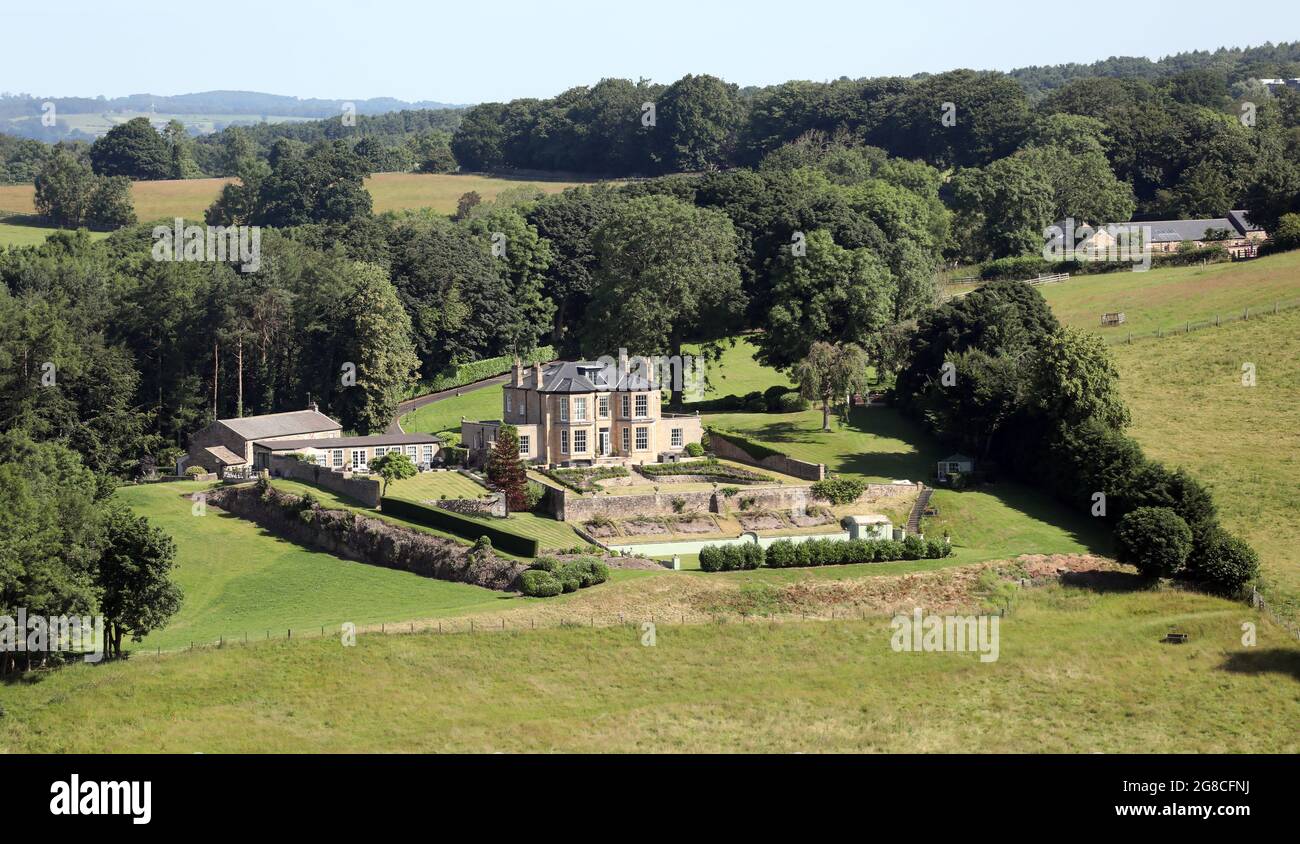 Vista aerea di una elegante casa di campagna vicino Harrogate, North Yorkshire Foto Stock