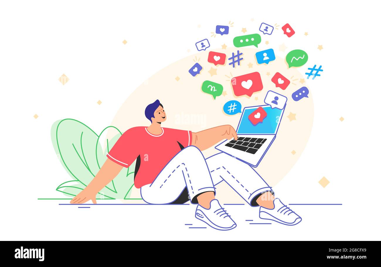 Simboli dei social media e dipendenza digitale per una spesa gioiosa Illustrazione Vettoriale