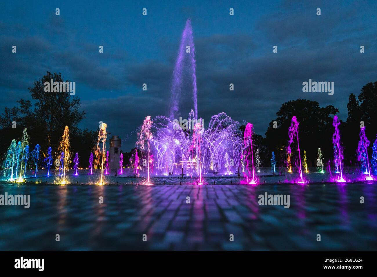 Multimedia Fountain Park nella zona di Podzamcze della città di Varsavia, Polonia Foto Stock