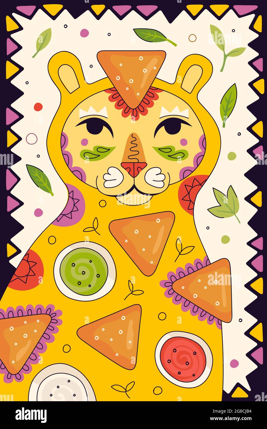 Fast food messicano nachos poster disegnato a mano per il menu del ristorante di cucina messicana. Striscione pubblicitario con puma Cougar latino-americano e snack tradizionale nacho e guacamole, salsa, salsa al formaggio Illustrazione Vettoriale