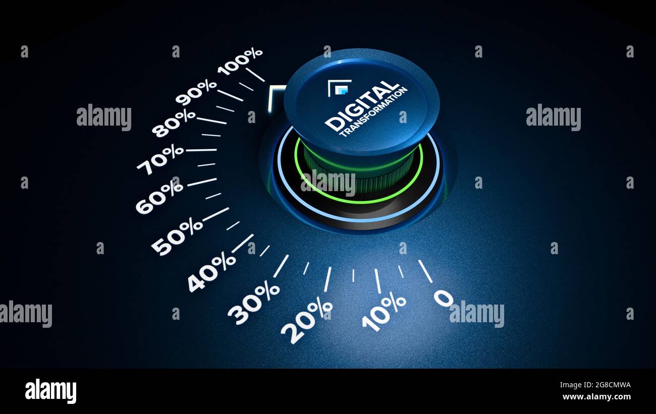 Trasformazione digitale utilizzando le tecnologie informatiche come cloud computing, la gestione dei processi aziendali migliora l'efficienza. Manopola rotante Foto Stock