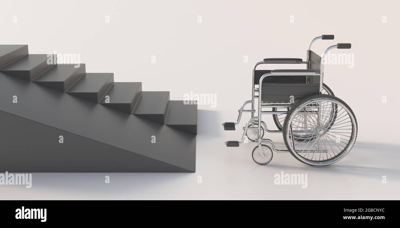 Scale per sedie a rotelle e rampa. Sedia a rotelle vuota davanti a una scala con rampa, accesso per disabili e disabili. illustrazione 3d Foto Stock