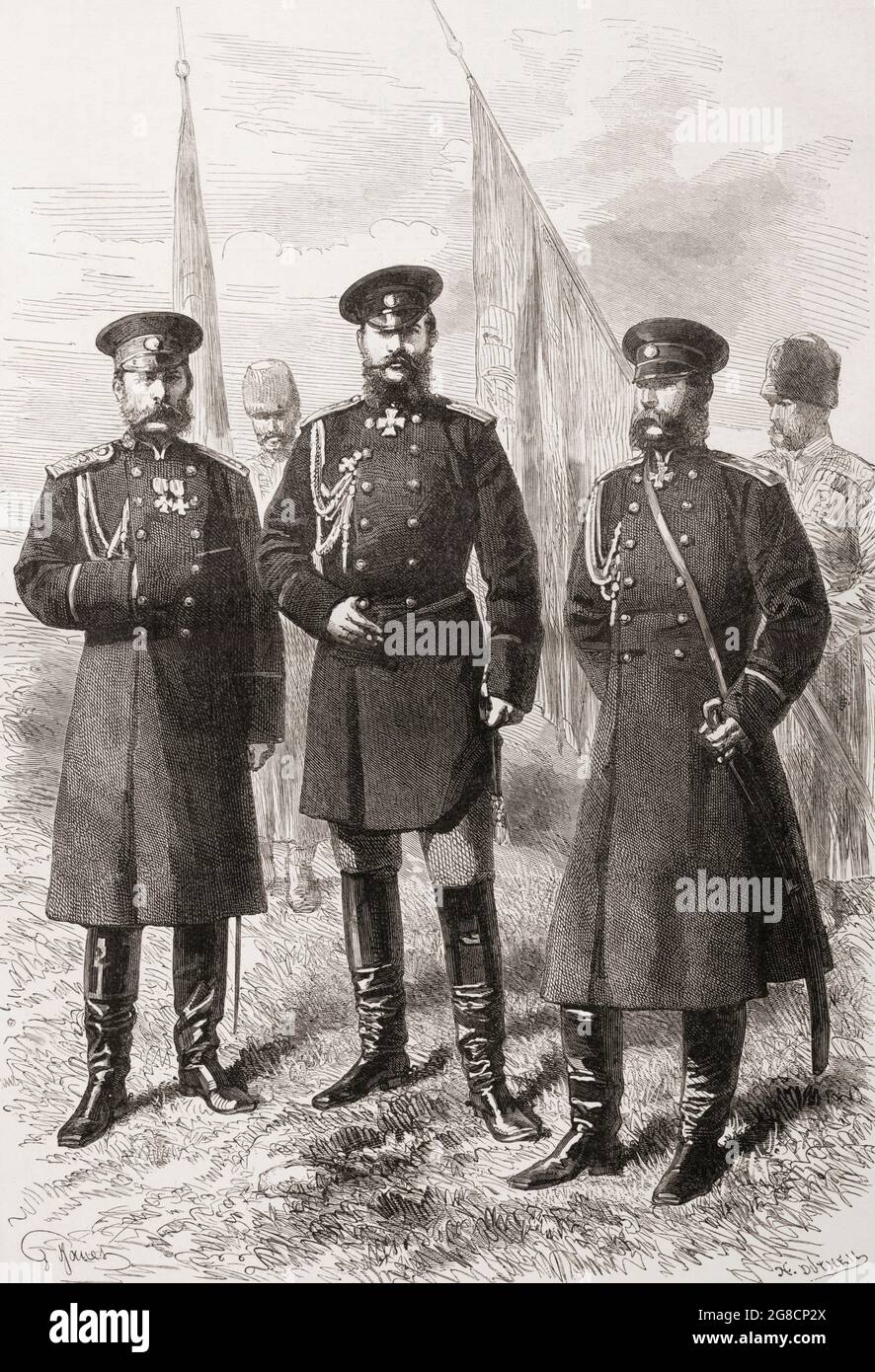 Personale generale dell'esercito caucasico, da sinistra a destra, - Principe Dmitry Ivanovich Svyatopolk-Mirsky 1825–1899. Generale dell'esercito russo imperiale, politico e membro della famiglia principesco Svyatopolk-Mirsky. Granduca Michael Nikolaevich di Russia, 1832 – 1909. Comandante nominale in capo delle truppe russe durante la guerra russo-turca (1877-1878), e nominato Maresciallo Generale nell'aprile 1878. Conte Mikhail Tarielovich Loris-Melikov, 1824 - 1888. Statista russo-armeno, generale della Cavalleria, e generale adjutante di H. I. M. retinue. Da Russes et Turcs, la Guerre D'Orient, pubblicato nel 1878. Foto Stock