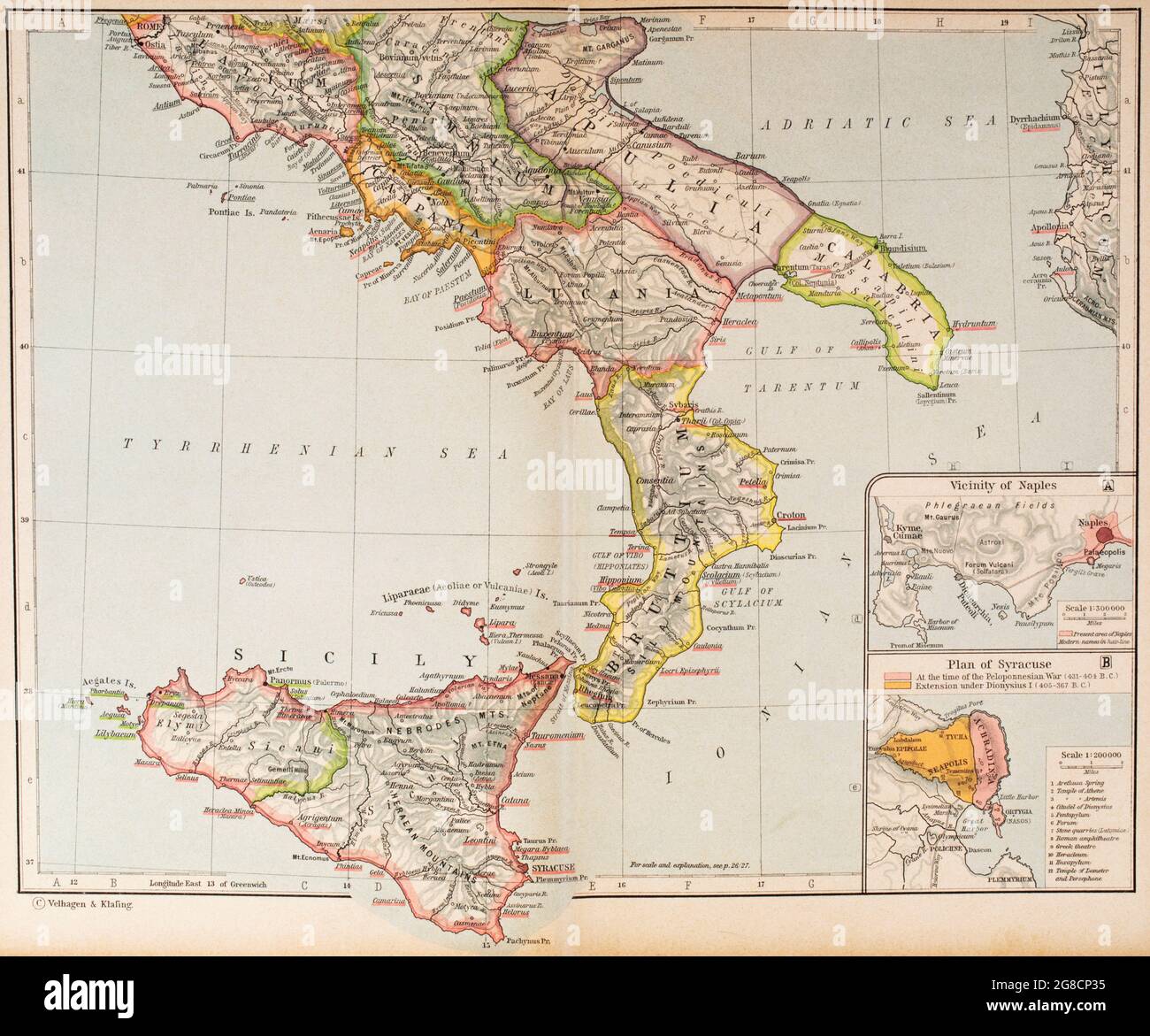 Mappa dell'Italia antica, parte meridionale. Da Atlante storico, pubblicato nel 1923. Foto Stock