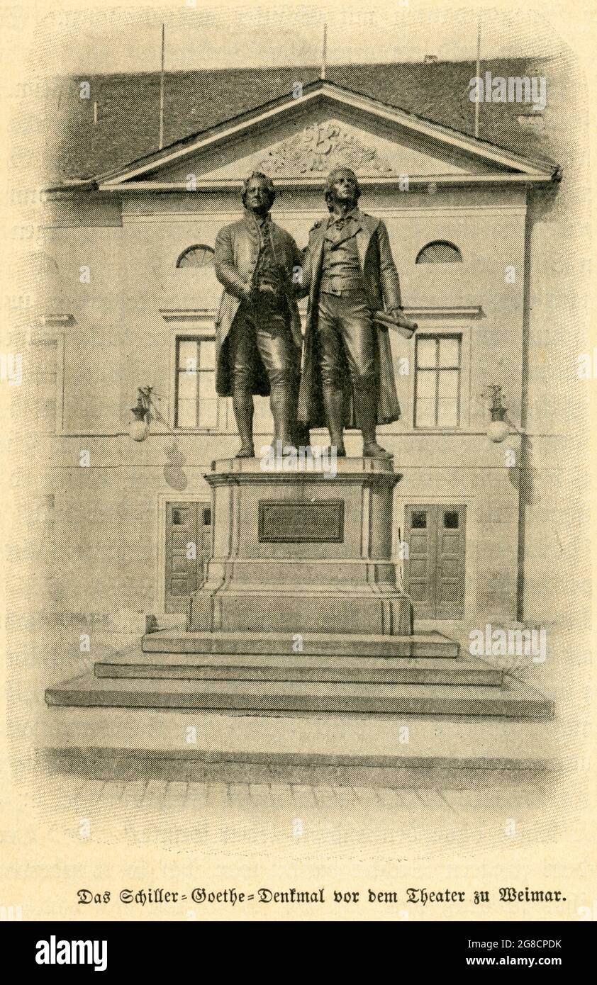 Europa, Deutschland, Thüringen, Weimar, Friedrich Schiller ( Friedrich von Schiller ) , Schiller-Goethe Denkmal vor dem Theatre di Weimar, Motiv aus : ' Friedrich Schiller in seinem Leben und Wirken ' , von August Lomberg , Verlag Hermann Beyer & Söhne , Herzogl. Sächs. Hofbuchhändler, Langensalza, 1905 , Kunsturheberrechte werden nicht vertreten . / Europa, Germania, Turingia, Weimar, Friedrich Schiller ( Friedrich von Schiller ), memoriale di Schiller-Goethe davanti al teatro di Weimar, , immagine di : ' Friedrich Schiller in seinem Leben und Wirken ' ( Friedrich Schiller in sua vita e ac Foto Stock