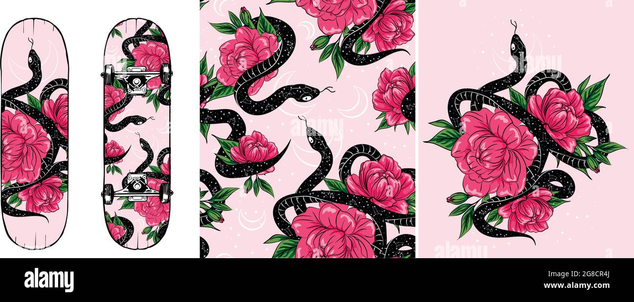 Serpente con fiore rosa set di illustrazioni retro Western boho, stampa camicia immagine vettoriale isolato su sfondo bianco, stampa su skate Illustrazione Vettoriale