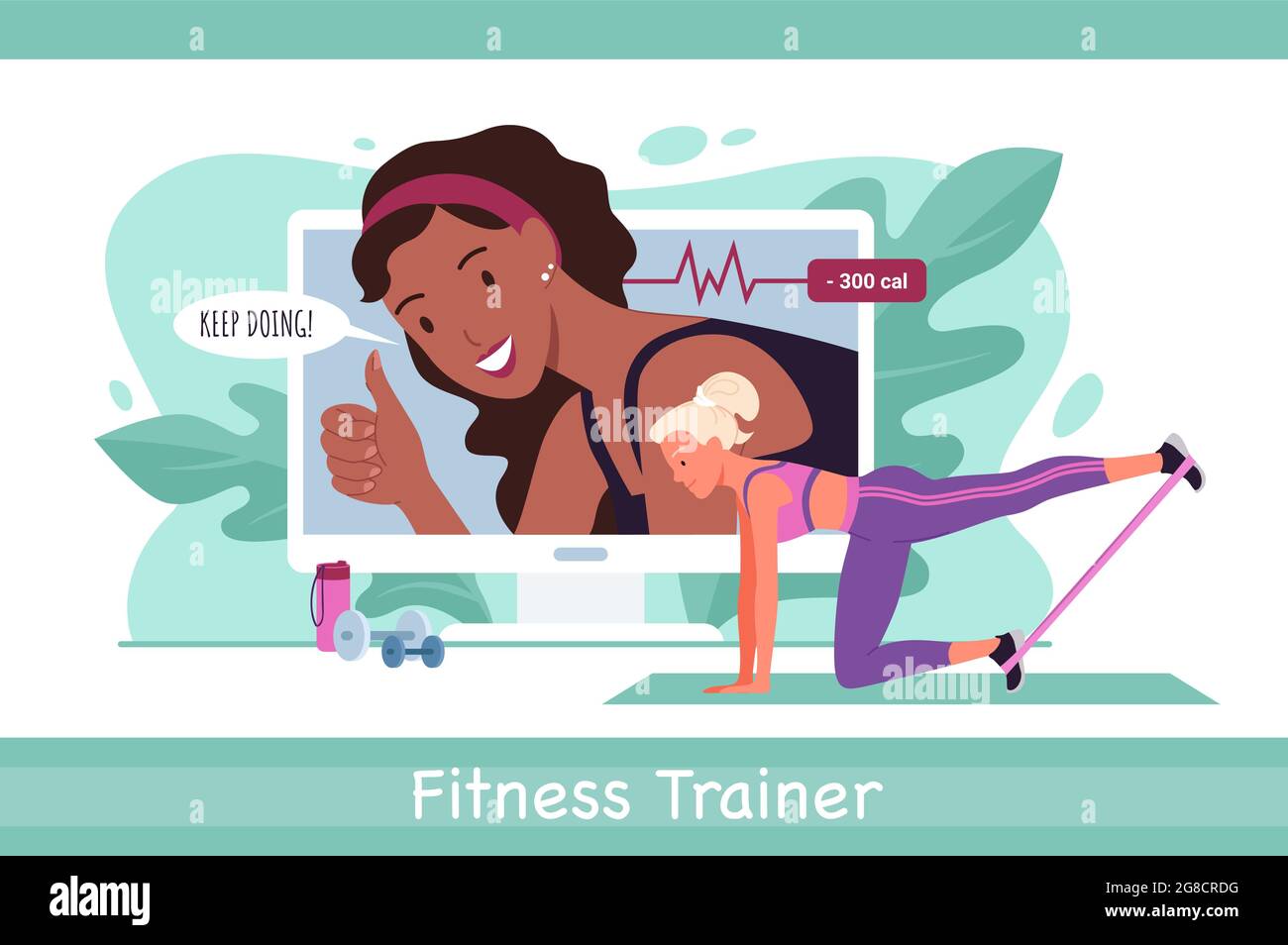 Fitness trainer online, allenamento sportivo con giovane donna attiva in allenamento sportivo Illustrazione Vettoriale