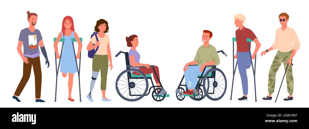 Persone disabili set, sorridente uomo donna pazienti disabili in fila Illustrazione Vettoriale