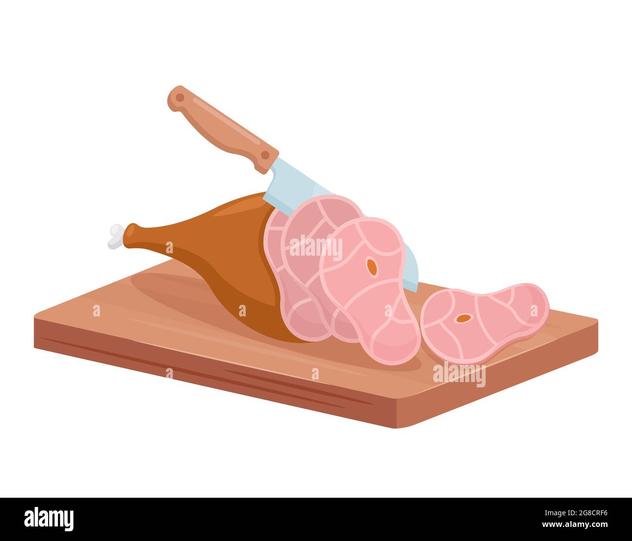 Prodotto a base di carne tagliata per macelleria coltello isometrico da chef macellaio affettando coscia di maiale affumicata Illustrazione Vettoriale