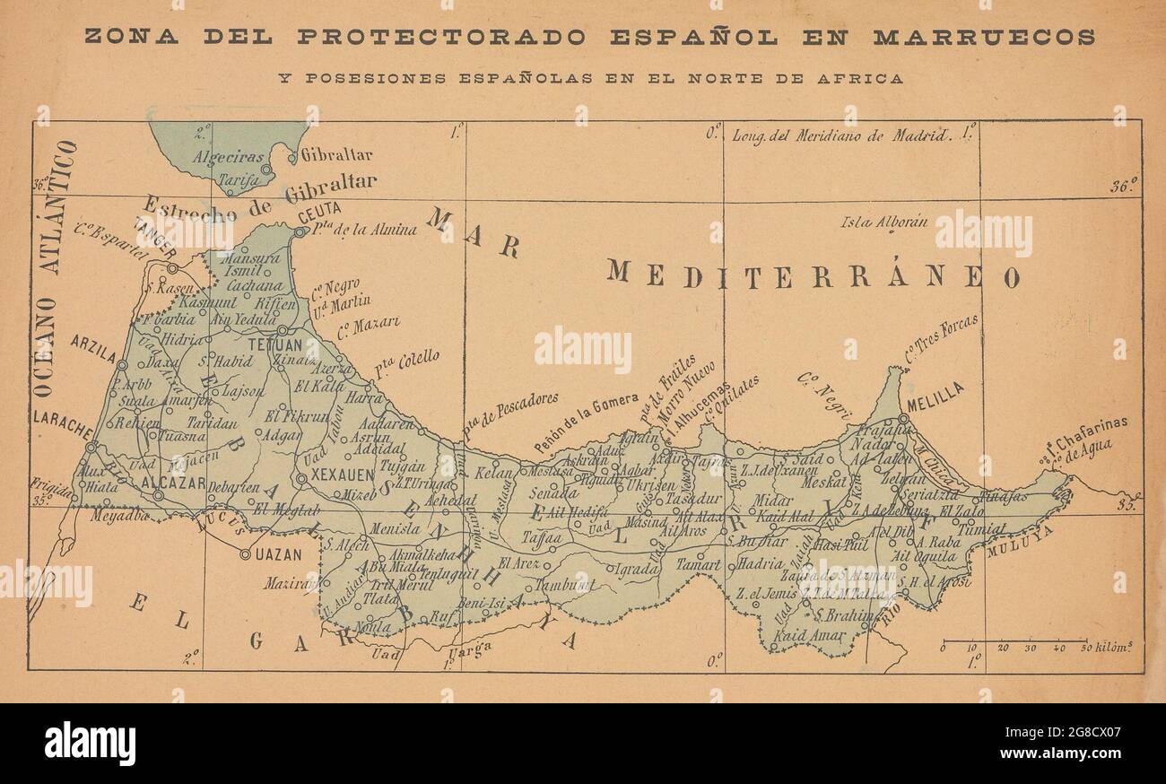 Zona del protectorado Español en Marruecos. Spagnolo Marocco 1914 vecchia mappa Foto Stock