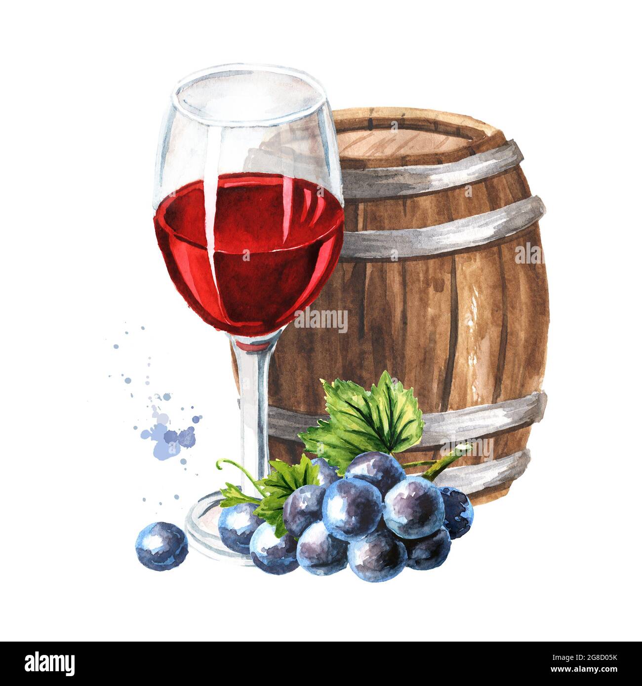 Set da vino, foglie di vite, uva, apribottiglie, vino in bottiglia,  bicchieri da vino disegnati a mano con guazzo e acquerello. stile del  modulo