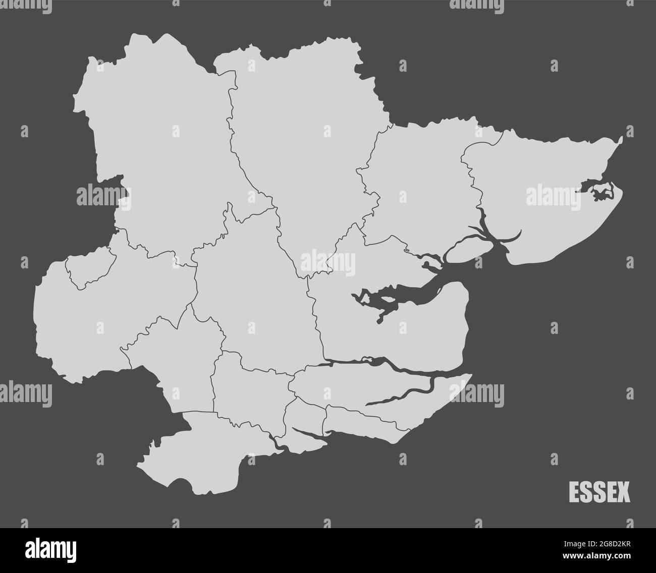 La mappa amministrativa della contea di Essex isolato su sfondo scuro, Inghilterra Illustrazione Vettoriale