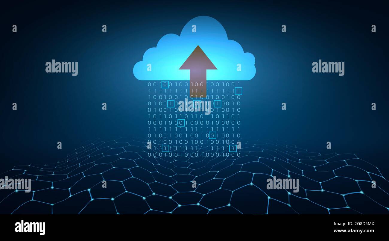 Set di dati digitali di numeri binari inviati alle nuvole su sfondo blu. Foto Stock