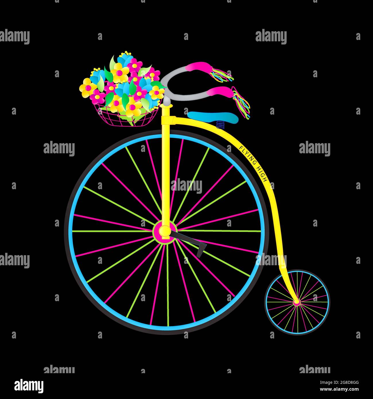 Grande vintage nei colori di oggi bici a ruote alte conosciuta anche come pan-farthing isolato su bianco e un altro su sfondo nero Foto Stock