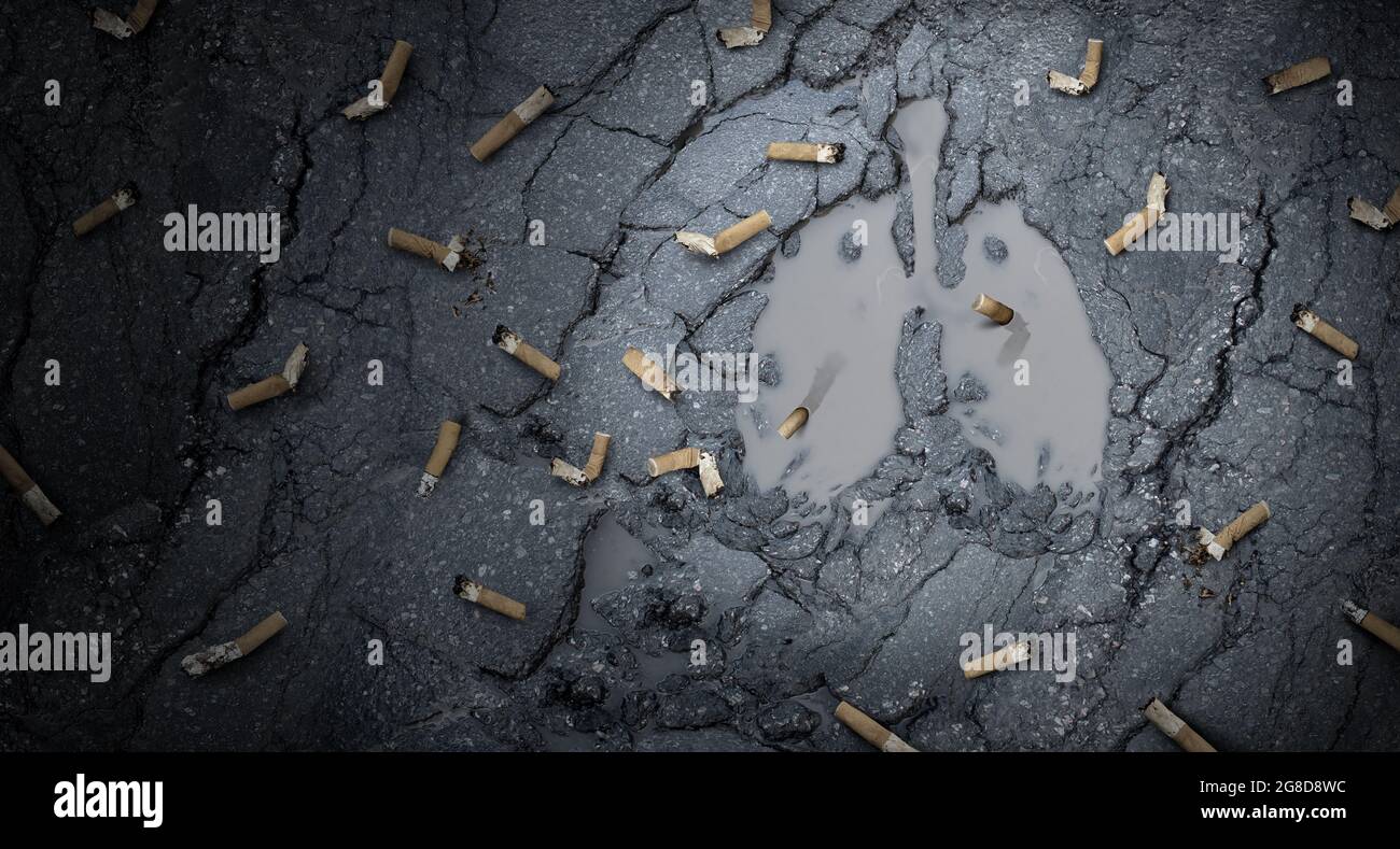 Fumo e danni ai polmoni come concetto medico con le sigarette come un puddle di strada a forma di organo respiratorio umano come dipendenza da nicotina e fumo. Foto Stock