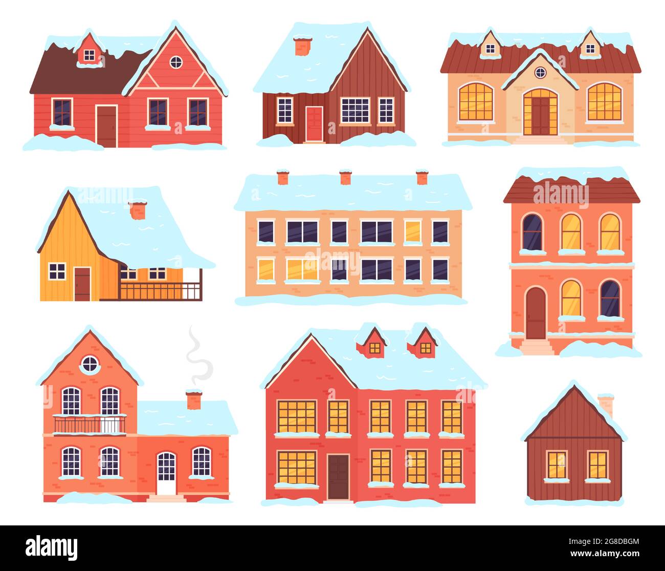 Case invernali. Villaggio, città e cottage rurali con cappelli da neve e derive. Cabina di legno di Natale con camino. Serie vettoriale facciata edifici Illustrazione Vettoriale