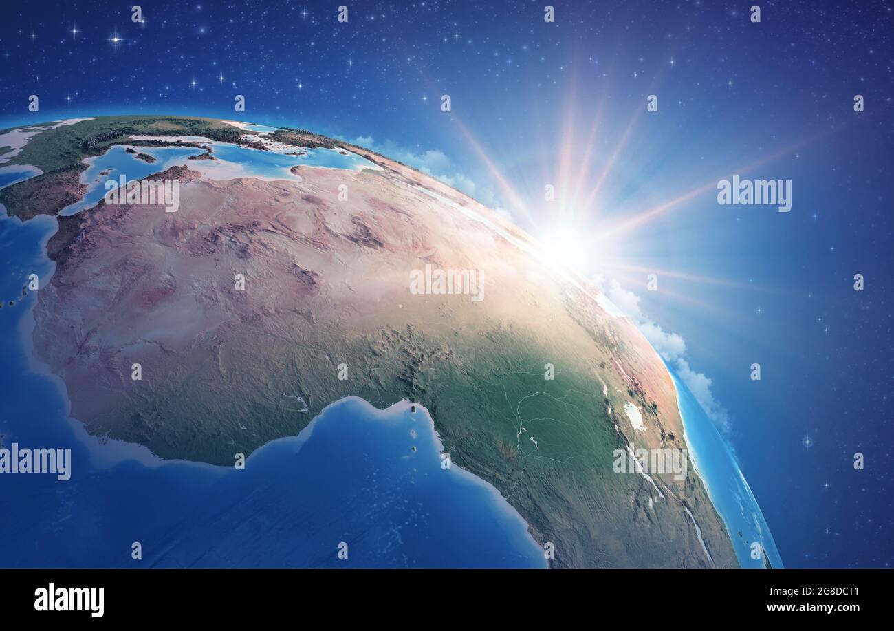 Sunrise attraverso le nuvole, su un'alta dettagliata vista satellitare del pianeta Terra, focalizzata sull'Africa. Elementi di questa immagine forniti dalla NASA Foto Stock